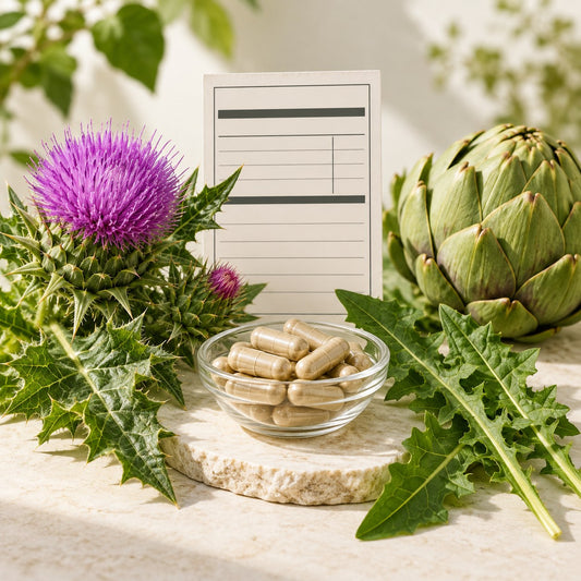 Milk thistle, artichoke and capsules arranged beside a blank supplement label card.