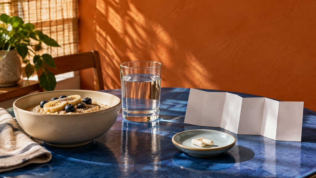 Illustrative breakfast bowl, water and blank instruction leaflet beside generic capsules on a blue table.