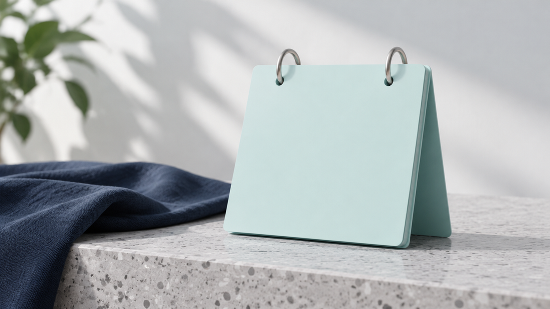 Illustrative blank aqua desk calendar and navy cloth on a pale terrazzo ledge in soft daylight.