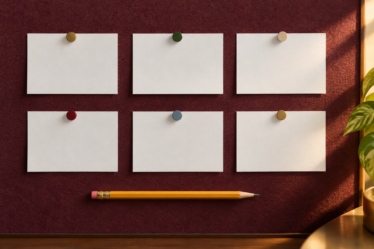 Illustrative blank white cards pinned in two rows on a burgundy felt board with a yellow pencil below.