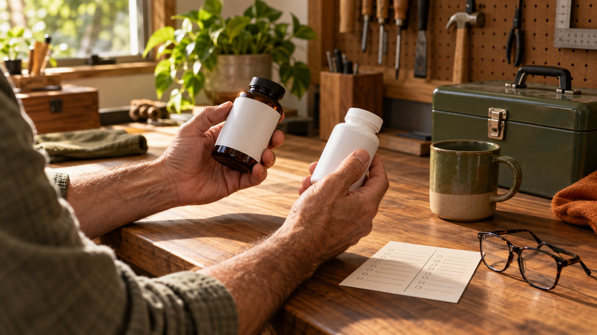 Man comparing two unbranded supplement bottles with a checklist at a home workbench