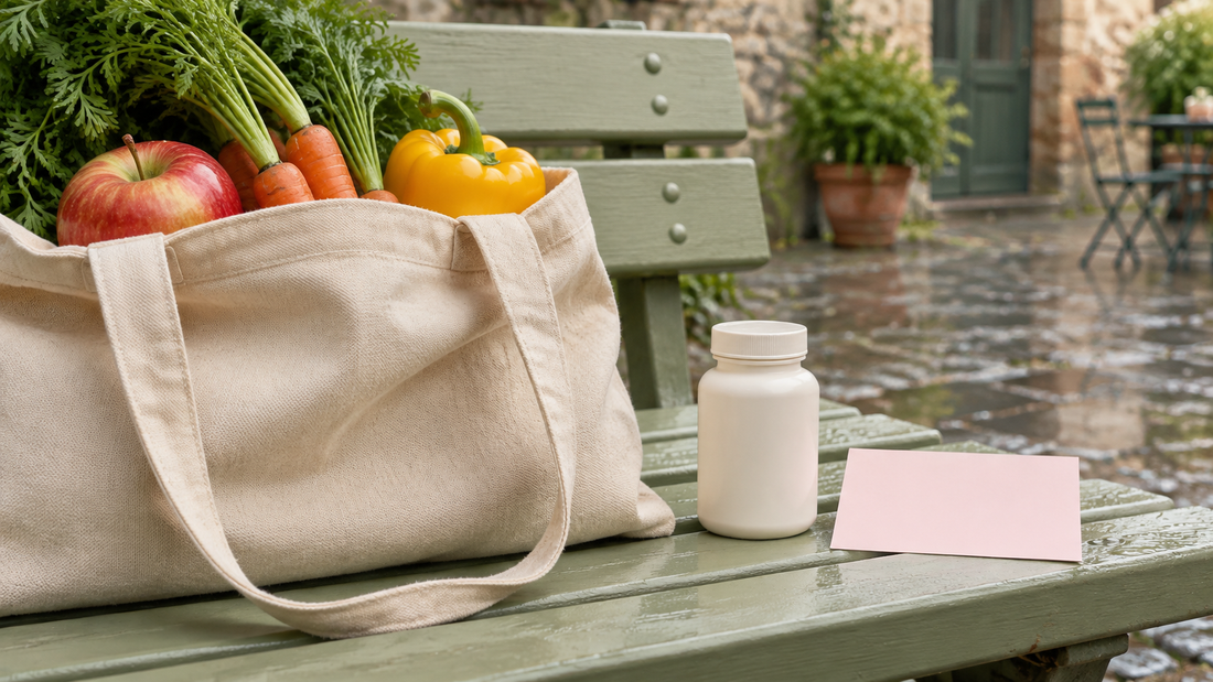 Illustrative produce-filled canvas tote and unbranded bottle beside a blank card on a sage courtyard bench.