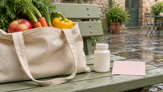 Illustrative produce-filled canvas tote and unbranded bottle beside a blank card on a sage courtyard bench.