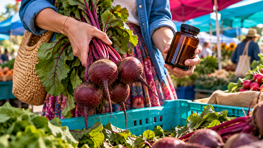 Shopper holding fresh beets and an unbranded supplement bottle at a colorful farmers market