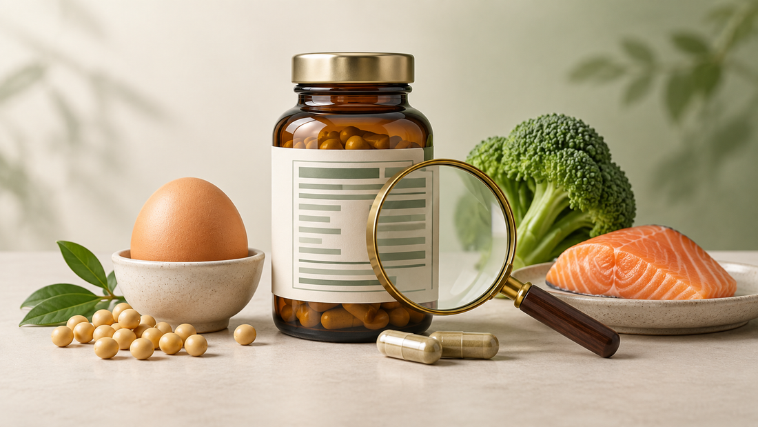 Choline food sources and capsules beside an amber supplement jar and magnifying glass