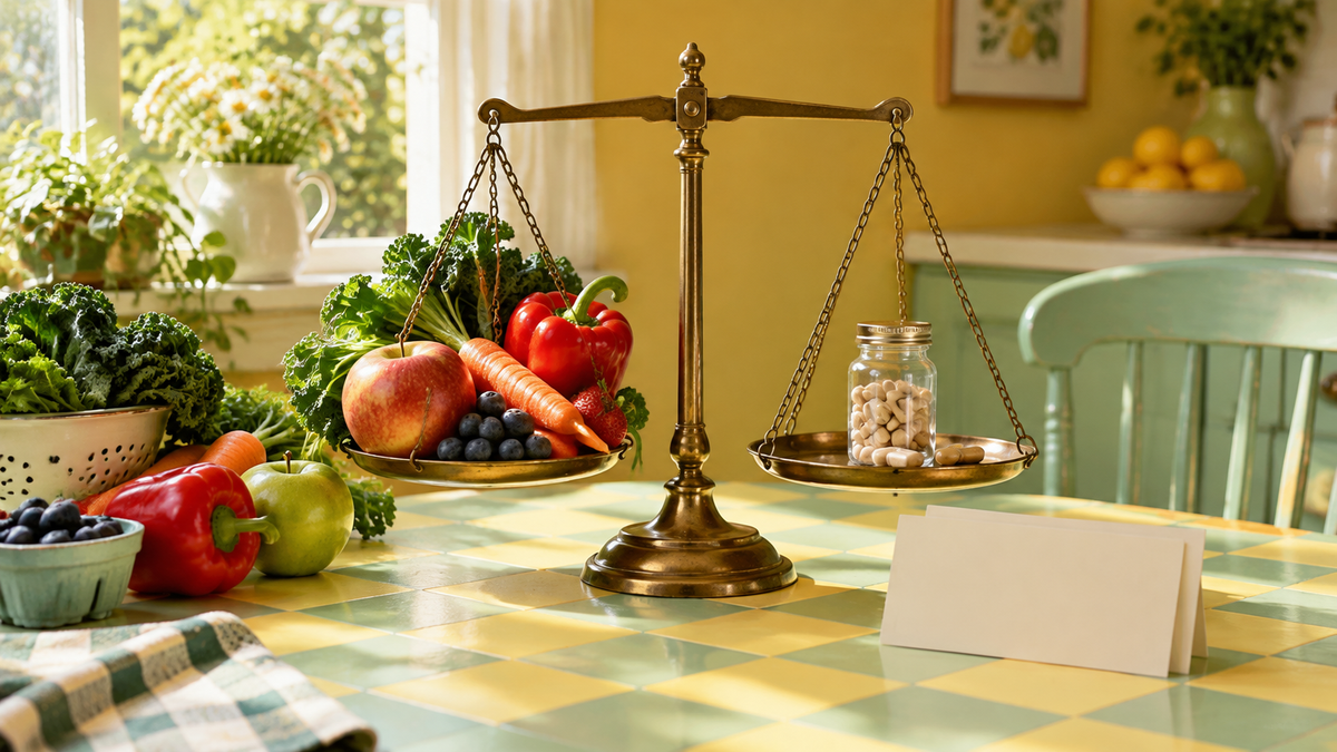 Whole produce and supplement label cards balanced on a sunlit checkerboard kitchen table