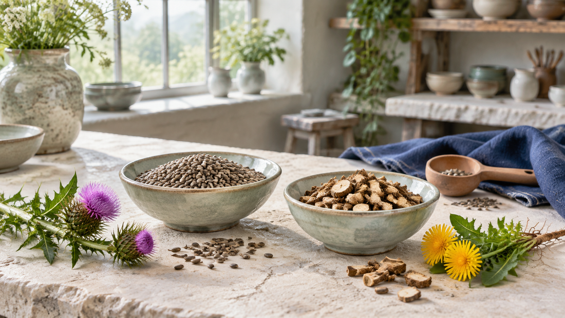 Milk thistle seed and dandelion root formula comparison displayed in a sunlit ceramic workshop