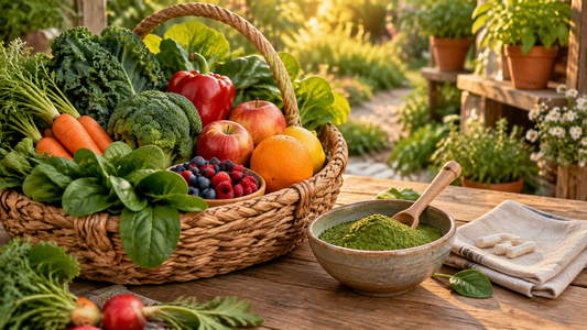 Fruit and vegetable capsules and greens powder beside a basket of fresh produce in a sunlit garden pantry