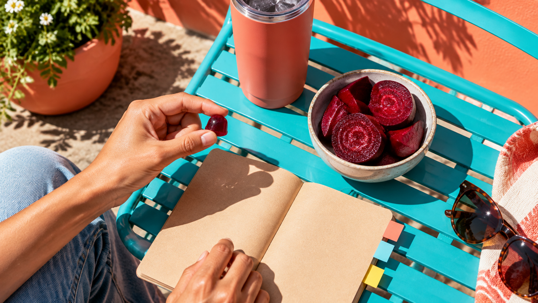 Blank notebook with colored tabs, a plain burgundy gummy and sliced beets on a turquoise cafe chair in bright sunlight