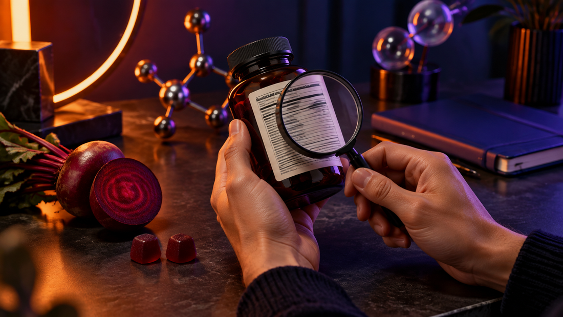 Hands using a magnifying glass to read an unbranded CoQ10 gummy label beside beets