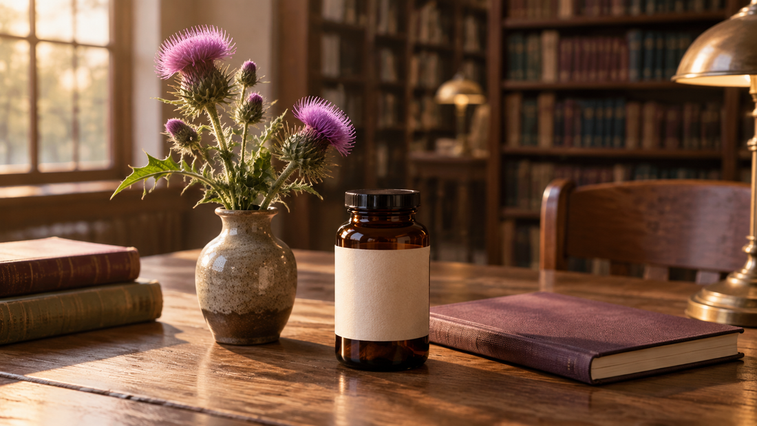 Fresh purple milk thistle in a small vase beside an unbranded supplement jar and closed notebook on a warmly lit library table