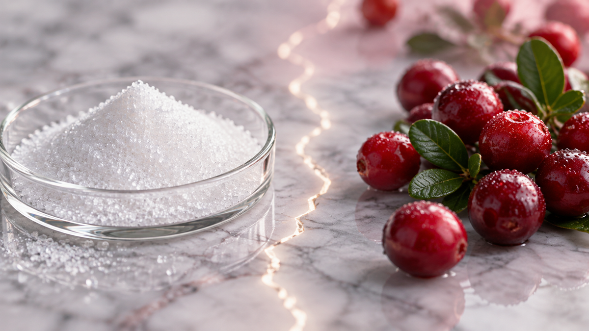 White crystalline ingredient in a clear dish separated from fresh red cranberries by a diagonal band of light on pale stone