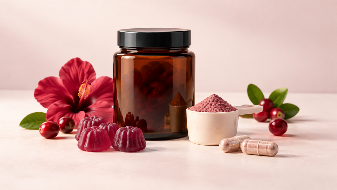 D-mannose supplement formats side by side: cranberry gummies, capsules and a scoop of powder with fresh cranberries