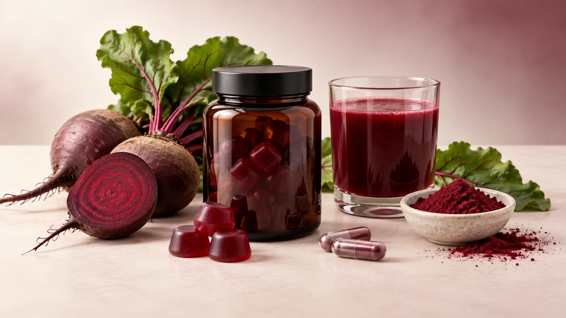 Beet root gummies, capsules, powder and juice arranged with fresh beets