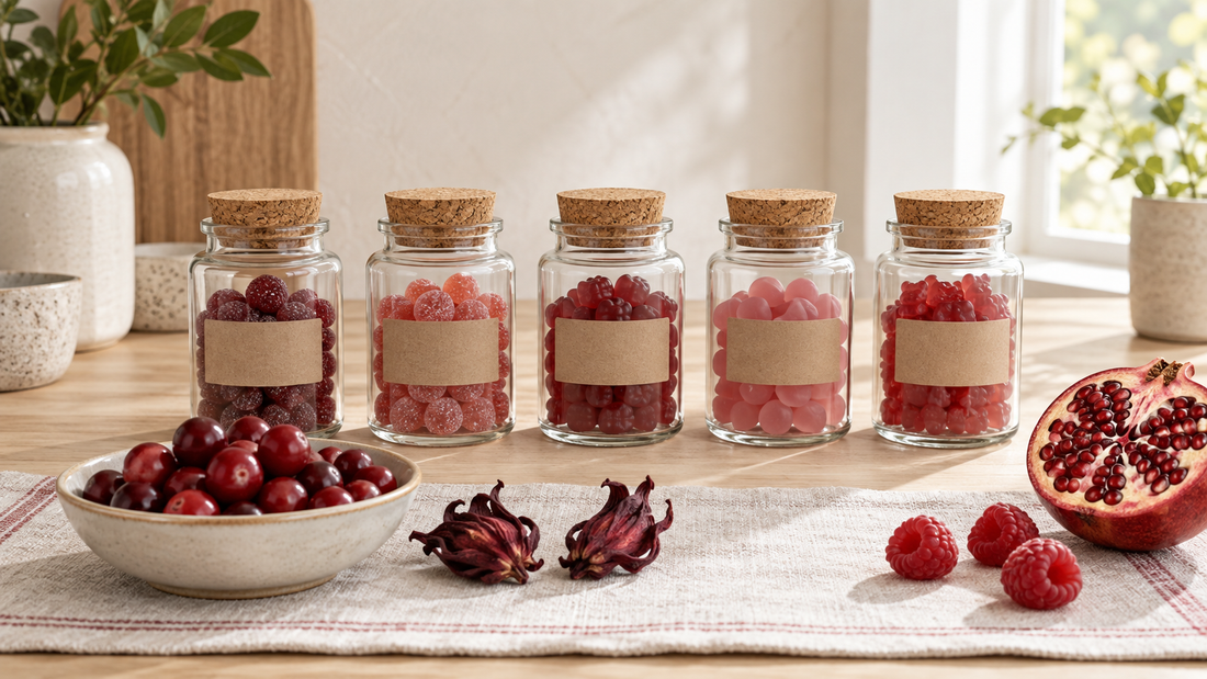 Row of small glass jars holding different amounts of red gummies on an oak breakfast bar beside fresh cranberries, hibiscus flowers and pomegranate