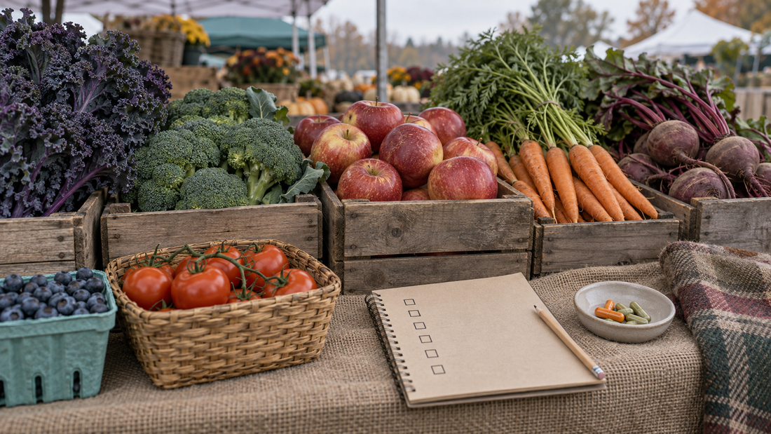Farmers market stall with kale, apples, beets and blueberries beside a blank paper checklist and a small dish of orange and green capsules