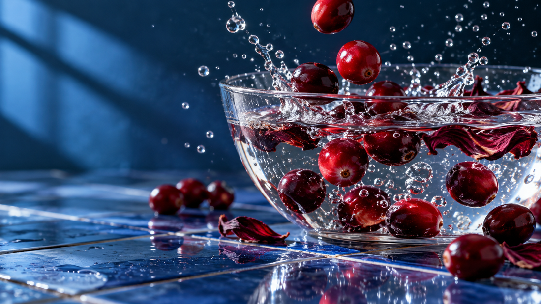 Fresh cranberries and hibiscus petals splashing in a clear glass bowl against vivid cobalt-blue tiles