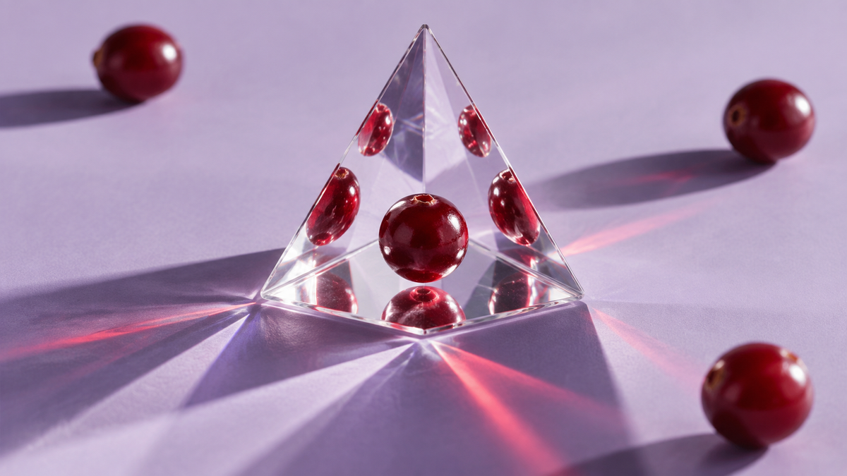 A single red cranberry refracted into several facets by a clear glass prism on a pale lavender background
