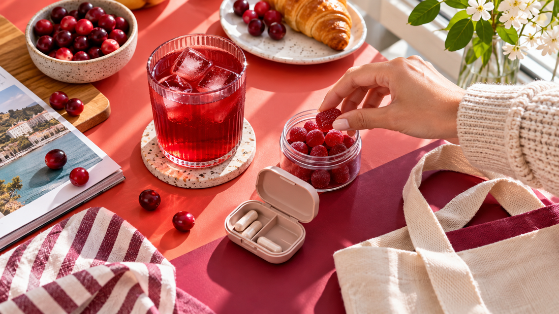Morning routine with cranberry drink, gummies and capsules on a colorful table