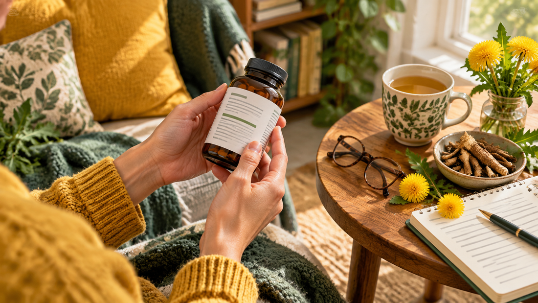 Hands reading a supplement bottle beside dandelion root, notebook and tea