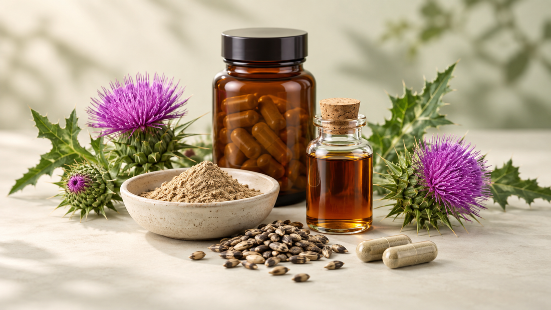 Milk thistle flowers, seed powder and botanical extract beside an amber supplement jar