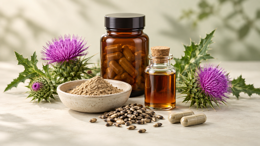 Milk thistle flowers, seed powder and botanical extract beside an amber supplement jar