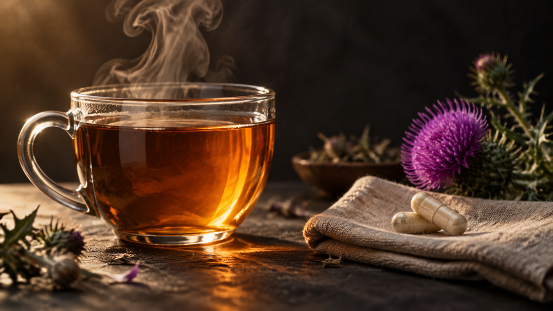 Steaming amber tea in a clear mug beside two plain capsules, folded linen and a purple thistle flower against a dark background