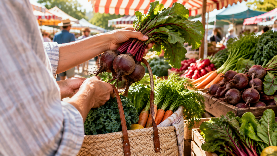 Shopper placing fresh whole beets with leafy greens in a woven tote at a sunny outdoor produce market
