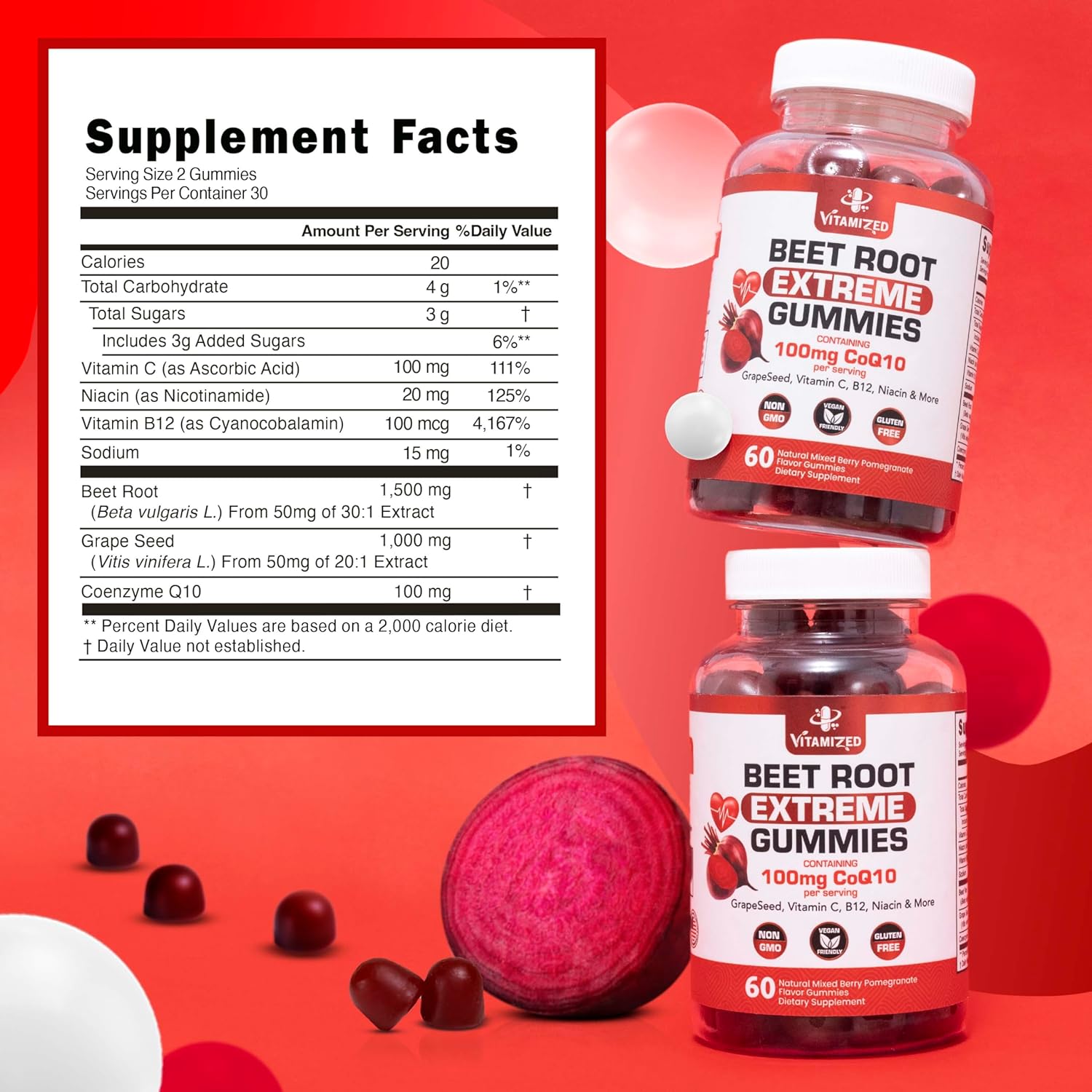 Beet Root Gummies with Grape Seed Extract, 60 Count